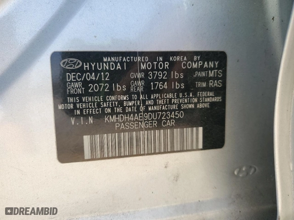 2013 Hyundai Elantra Limited with VIN KMHDH4AE9DU723450, listed as a Copart auction lot 50336225 with 105,293 mi miles and Salvage Title. Bid and sale history available at carsss.com. Image 12.