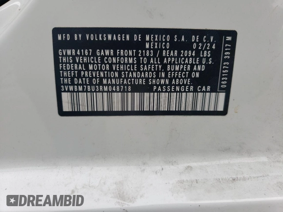 2024 Volkswagen Jetta Sport with VIN 3VWBM7BU3RM048718, listed as a Copart auction lot 60830345 with 9,129 mi miles and Salvage title. Bid and sale history available at DreamBid. Image 12.