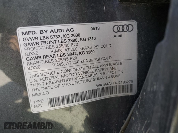 2018 Audi SQ5 Premium Plus with VIN WA1A4AFY4J2186279, listed as a Copart auction lot 58123064 with 62,572 mi miles and Salvage Title. Bid and sale history available at DreamBid. Image 13.