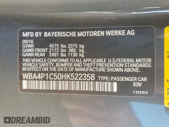 2017 BMW 4 Series 440i with VIN WBA4P1C50HK522358, listed as a Copart auction lot 88915825 with 67,967 mi miles and Salvage Title. Bid and sale history available at carsss.com. Image 14.