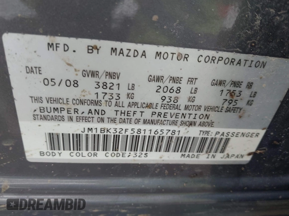 2008 Mazda 3 i Sport with VIN JM1BK32F581165781, listed as a IAAI auction lot 41908976 with 108,407 mi miles and . Bid and sale history available at DreamBid. Image 9.