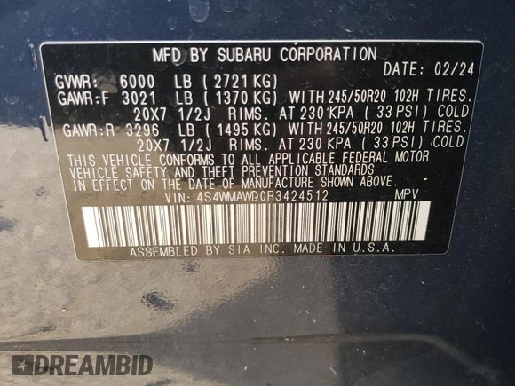 2024 Subaru Ascent Touring z VIN 4S4WMAWD0R3424512, wystawiony jako Copart lot #48319225 z przebiegiem 13 478 mil mil oraz Szkoda całkowita • Salvage title. Historia ofert i sprzedaży dostępna na DreamBid. Obrazek 13.