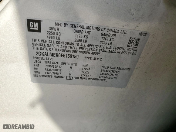 2014 GMC Terrain SLE with VIN 2GKALMEK6E6168189, listed as a Copart auction lot 53707645 with 156,362 mi miles and Clean Title. Bid and sale history available at carsss.com. Image 12.