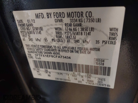 2012 Ford F-150 XL with VIN 1FTFX1EF8CFA73434, listed as a IAAI auction lot 40370165 with 128,733 mi miles. Bid and sale history available at carsss.com. Image 9.