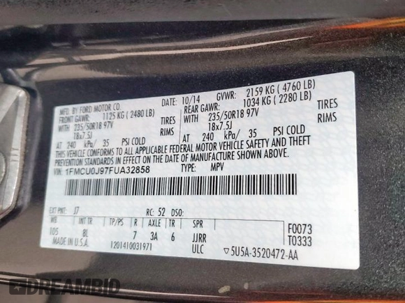 2015 Ford Escape Titanium with VIN 1FMCU0J97FUA32858, listed as a Copart auction lot 51221495 with Not provided miles and Clean title. Bid and sale history available at DreamBid. Image 13.