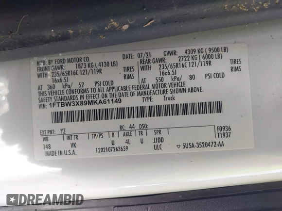 2021 Ford Transit Cargo with VIN 1FTBW3X89MKA61149, listed as a IAAI auction lot 41520778 with Not Provided miles. Bid and sale history available at carsss.com. Image 9.