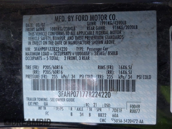 2007 Ford Fusion SE with VIN 3FAHP07177R224220, listed as a IAAI auction lot 41806182 with 295,244 mi miles. Bid and sale history available at carsss.com. Image 9.
