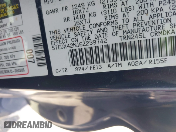 2006 Toyota Tacoma with VIN 5TEUX42N16Z239742, listed as a IAAI auction lot 42226684 with 157,059 mi miles and . Bid and sale history available at DreamBid. Image 9.