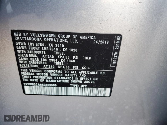 2019 Volkswagen Atlas SE with VIN 1V2WR2CA6KC559505, listed as a Copart auction lot 57183825 with 111,377 mi miles and Salvage title. Bid and sale history available at DreamBid. Image 13.