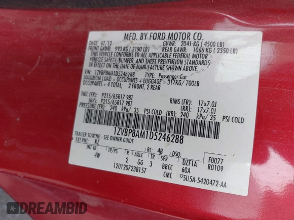 2013 Ford Mustang V6 with VIN 1ZVBP8AM1D5246288, listed as a IAAI auction lot 42024934 with 141,791 mi miles. Bid and sale history available at carsss.com. Image 9.