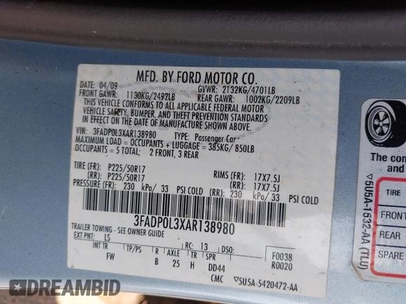 2010 Ford Fusion Hybrid z VIN 3FADP0L3XAR138980, wystawiony jako IAAI lot #41545161 z przebiegiem 92 386 mil mil oraz . Historia ofert i sprzedaży dostępna na DreamBid. Obrazek 9.