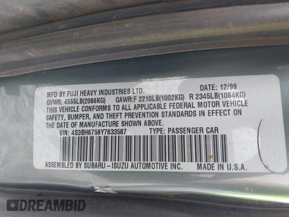 2000 Subaru Legacy Outback with VIN 4S3BH6759Y7633587, listed as a IAAI auction lot 41997161 with 174,415 mi miles and . Bid and sale history available at DreamBid. Image 9.