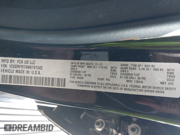 2022 Ram 1500 Laramie with VIN 1C6SRFRT4NN191342, listed as a IAAI auction lot 41483616 with 32,705 mi miles and . Bid and sale history available at DreamBid. Image 9.