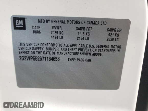 2007 Pontiac Grand Prix с VIN 2G2WP552671164658, выставлен на аукционе Copart как лот 52743385 с пробегом 224 105 миль миль и Списание • Salvage title. История ставок и продаж доступна на DreamBid. Изображение 12.