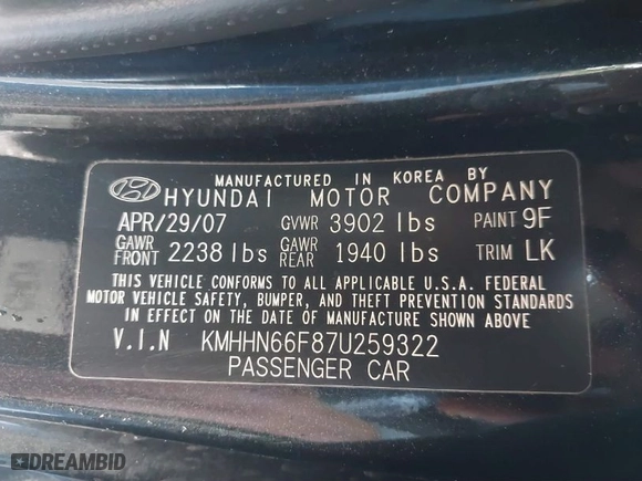 2007 Hyundai Tiburon GT with VIN KMHHN66F87U259322, listed as a IAAI auction lot 41204907 with 79,379 mi miles. Bid and sale history available at carsss.com. Image 9.