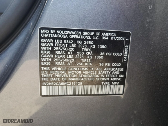 2021 Volkswagen Atlas Cross Sport 3.6L V6 SE w/Technology with VIN 1V2HE2CA6MC215129, listed as a Copart auction lot 75023114 with 34,861 mi miles and Salvage Title. Bid and sale history available at carsss.com. Image 13.
