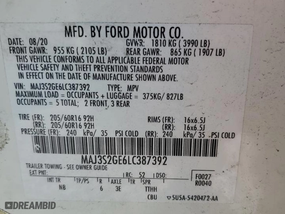 2020 Ford EcoSport SE with VIN MAJ3S2GE6LC387392, listed as a Copart auction lot 48671425 with 53,625 mi miles and Salvage Title. Bid and sale history available at carsss.com. Image 13.