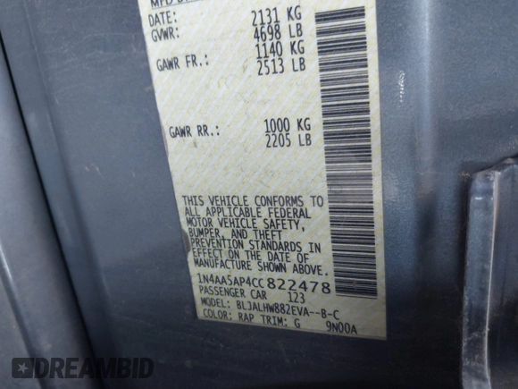 2012 Nissan Maxima SV z VIN 1N4AA5AP4CC822478, wystawiony jako IAAI lot #42268233 z przebiegiem Nie podano mil oraz . Historia ofert i sprzedaży dostępna na DreamBid. Obrazek 9.