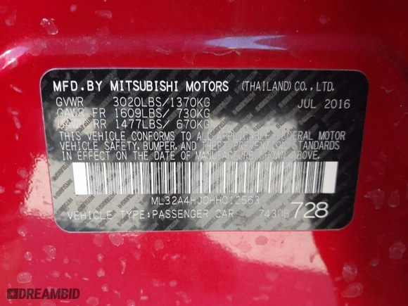 2017 Mitsubishi Mirage SE with VIN ML32A4HJ0HH012563, listed as a IAAI auction lot 41465955 with 72,771 mi miles. Bid and sale history available at carsss.com. Image 9.