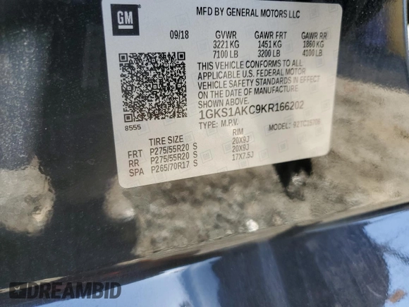 2019 GMC Yukon SLE with VIN 1GKS1AKC9KR166202, listed as a Copart auction lot 50103275 with 55,208 mi miles and Salvage Title. Bid and sale history available at carsss.com. Image 15.