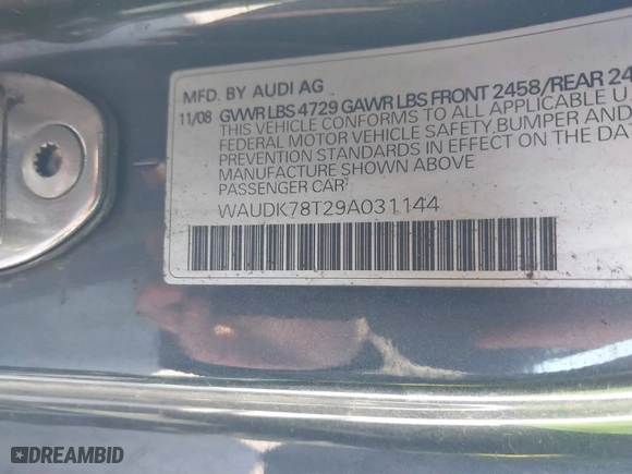 2009 Audi A5 with VIN WAUDK78T29A031144, listed as a IAAI auction lot 41562182 with 82,835 mi miles. Bid and sale history available at carsss.com. Image 9.