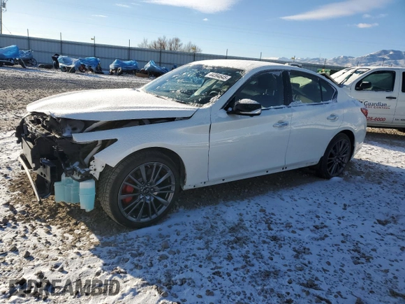 2021 Infiniti Q50 Red Sport 400 with VIN JN1FV7DR7MM880385, listed as a Copart auction lot 44394645 with 48,343 mi miles and Salvage title. Bid and sale history available at DreamBid. Image 1.