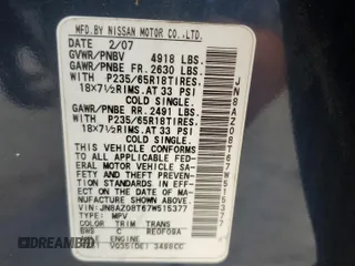 2007 Nissan Murano SL z VIN JN8AZ08T67W515377, wystawiony jako Copart lot #54874085 z przebiegiem 155 308 mil mil oraz Szkoda całkowita • Salvage title. Historia ofert i sprzedaży dostępna na DreamBid. Obrazek 14.