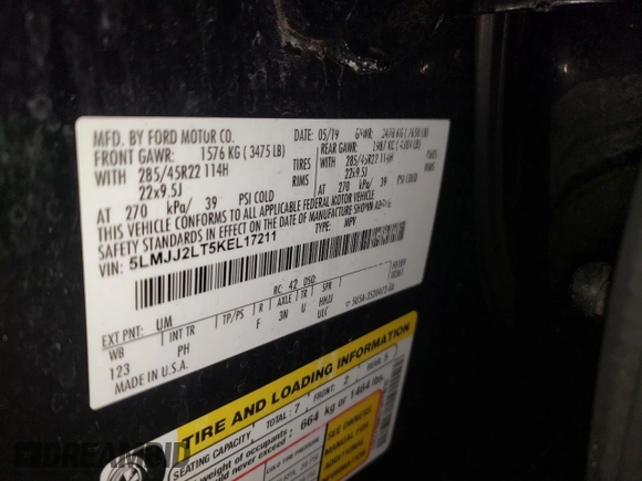 2019 Lincoln Navigator Reserve with VIN 5LMJJ2LT5KEL17211, listed as a Copart auction lot 47668475 with 102,903 mi miles and Salvage title. Bid and sale history available at DreamBid. Image 13.