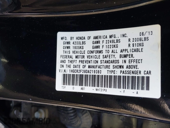 2013 Honda Accord LX z VIN 1HGCR2F38DA219080, wystawiony jako IAAI lot #42260992 z przebiegiem Nie podano mil oraz . Historia ofert i sprzedaży dostępna na DreamBid. Obrazek 9.