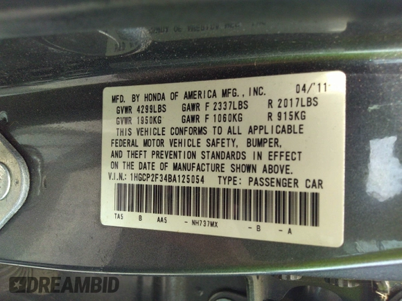 2011 Honda Accord LX with VIN 1HGCP2F34BA125054, listed as a IAAI auction lot 42303465 with 206,333 mi miles and . Bid and sale history available at DreamBid. Image 9.