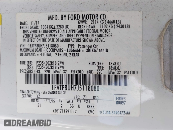 2018 Ford Mustang EcoBoost Premium with VIN 1FATP8UH7J5118080, listed as a IAAI auction lot 41955307 with 93,378 mi miles and . Bid and sale history available at carsss.com. Image 9.