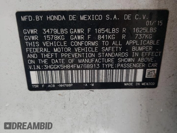 2015 Honda Fit EX-L with VIN 3HGGK5H84FM768913, listed as a Copart auction lot 60541285 with 107,886 mi miles and Salvage title. Bid and sale history available at DreamBid. Image 13.