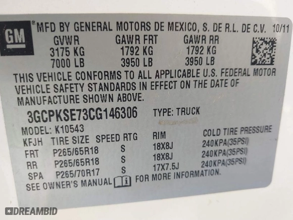 2012 Chevrolet Silverado 1500 LT with VIN 3GCPKSE73CG146306, listed as a IAAI auction lot 41997096 with 180,272 mi miles. Bid and sale history available at carsss.com. Image 9.
