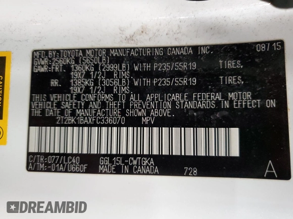 2015 Lexus RX 350 with VIN 2T2BK1BAXFC336070, listed as a Copart auction lot 53884185 with 118,069 mi miles and Salvage Title. Bid and sale history available at DreamBid. Image 13.