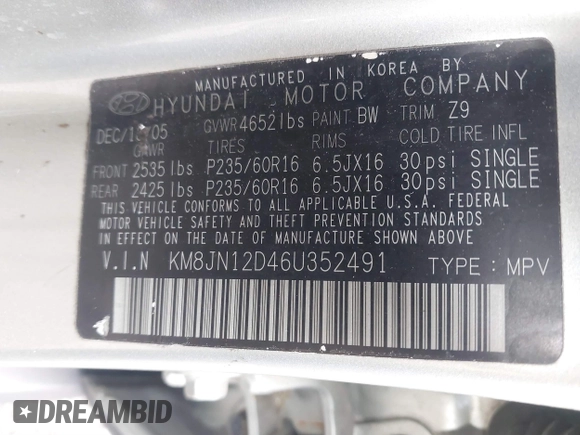 2006 Hyundai Tucson GLS with VIN KM8JN12D46U352491, listed as a IAAI auction lot 41749563 with 151,930 mi miles. Bid and sale history available at carsss.com. Image 9.
