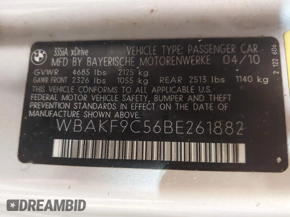 2011 BMW 3 Series 335i xDrive with VIN WBAKF9C56BE261882, listed as a IAAI auction lot 42393269 with 131,000 mi miles and . Bid and sale history available at DreamBid. Image 9.