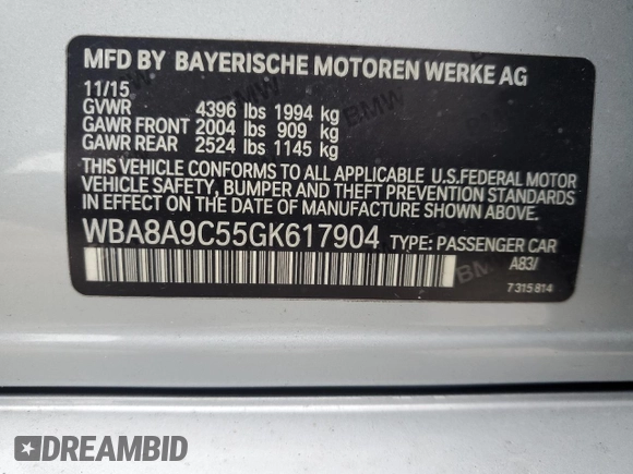 2016 BMW 3 Series 320i with VIN WBA8A9C55GK617904, listed as a Copart auction lot 42219425 with 134,937 mi miles and Salvage Title. Bid and sale history available at carsss.com. Image 13.