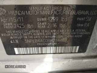 2011 Hyundai Sonata GLS with VIN 5NPEB4AC0BH284462, listed as a IAAI auction lot 42066792 with 145,150 mi miles and . Bid and sale history available at DreamBid. Image 9.