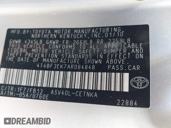 2010 Toyota Camry with VIN 4T4BF3EK7AR084848, listed as a IAAI auction lot 41500002 with 176,646 mi miles and . Bid and sale history available at DreamBid. Image 9.