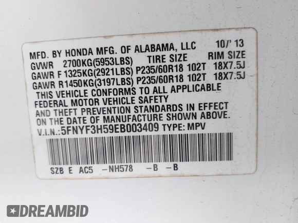 2014 Honda Pilot EX-L with VIN 5FNYF3H59EB003409, listed as a IAAI auction lot 41666126 with 170,658 mi miles. Bid and sale history available at carsss.com. Image 9.