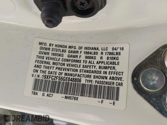 2016 Honda Civic Sedan LX with VIN 19XFC2F55GE048806, listed as a IAAI auction lot 42049410 with 86,789 mi miles. Bid and sale history available at carsss.com. Image 9.