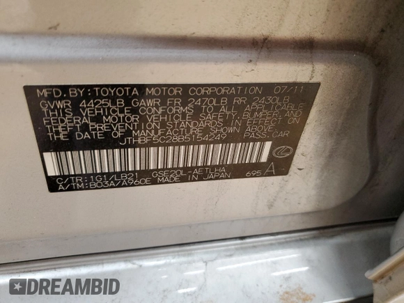 2011 Lexus IS 250 with VIN JTHBF5C28B5154249, listed as a Copart auction lot 48106415 with 170,551 mi miles and Salvage Title. Bid and sale history available at DreamBid. Image 12.