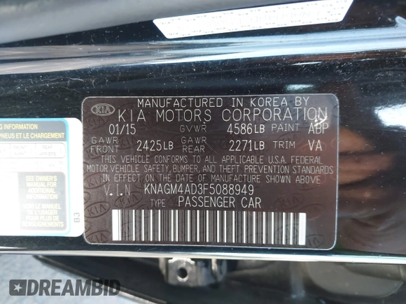 2015 Kia Optima Hybrid with VIN KNAGM4AD3F5088949, listed as a IAAI auction lot 41008816 with 138,921 mi miles. Bid and sale history available at carsss.com. Image 9.