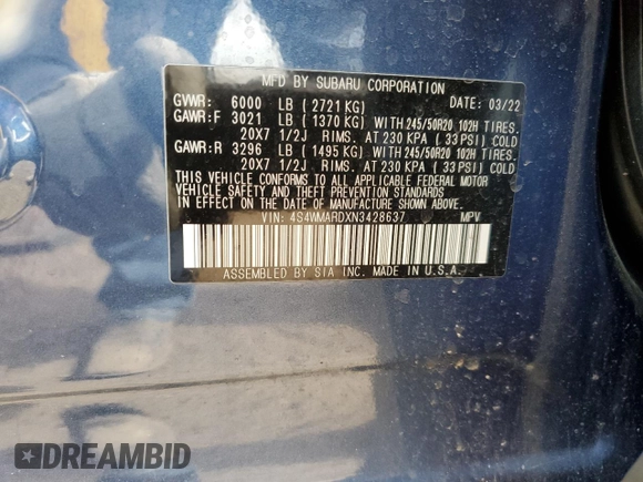 2022 Subaru Ascent Touring with VIN 4S4WMARDXN3428637, listed as a Copart auction lot 58927905 with 27,262 mi miles and Salvage title. Bid and sale history available at DreamBid. Image 13.