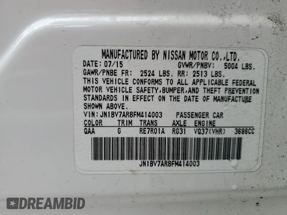 2015 Infiniti Q50 Premium with VIN JN1BV7AR8FM414003, listed as a Copart auction lot 54315965 with 102,596 mi miles and Non Repairable. Bid and sale history available at carsss.com. Image 12.