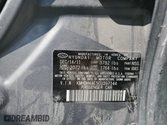 2012 Hyundai Elantra GLS с VIN KMHDH4AE5CU397144, выставлен на аукционе Copart как лот 57083355 с пробегом Не указан миль и Списание • Salvage title. История ставок и продаж доступна на DreamBid. Изображение 12.