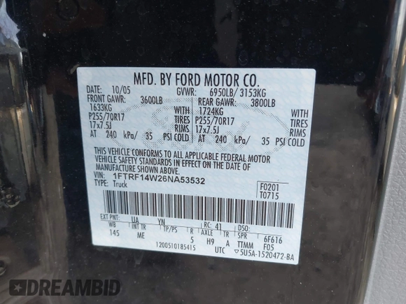 2006 Ford F-150 XL with VIN 1FTRF14W26NA53532, listed as a IAAI auction lot 41792110 with 115,264 mi miles. Bid and sale history available at carsss.com. Image 9.