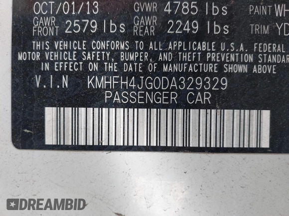 2013 Hyundai Azera with VIN KMHFH4JG0DA329329, listed as a IAAI auction lot 42539047 with 105,434 mi miles and . Bid and sale history available at DreamBid. Image 9.