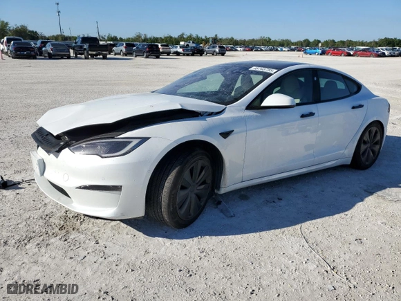 2023 Tesla Model S with VIN 5YJSA1E5XPF498316, listed as a Copart auction lot 48745755 with 0 mi miles and Salvage Title. Bid and sale history available at carsss.com. Image 1.