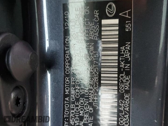 2011 Lexus IS 250 C with VIN JTHFF2C28B2517151, listed as a Copart auction lot 73659584 with Not provided miles and Salvage title. Bid and sale history available at DreamBid. Image 13.